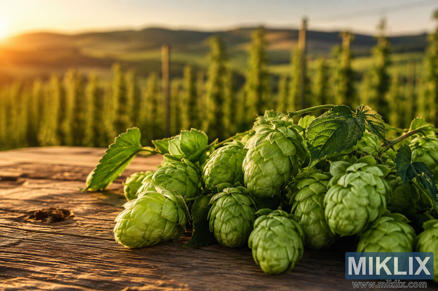 Close-up of lush green hop cones resting on a rustic wooden table in warm late afternoon sunlight, with a softly blurred hop farm and rolling hills in the background. Close-up of lush green hop cones resting on a rustic wooden table in warm late afternoon sunlight, with a softly blurred hop farm and rolling hills in the background.