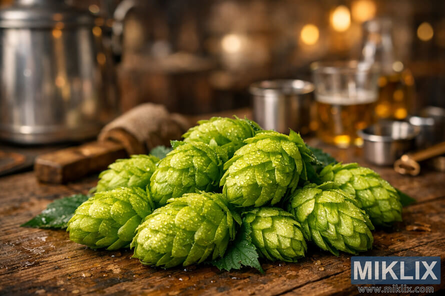 Close-up of vibrant green Pilgrim hops with dewdrops resting on a weathered wooden brewing table, with softly blurred brewing equipment and a warm, rustic brewery interior in the background. Close-up of vibrant green Pilgrim hops with dewdrops resting on a weathered wooden brewing table, with softly blurred brewing equipment and a warm, rustic brewery interior in the background.