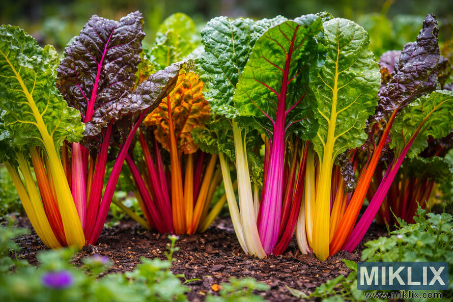 Close-up landscape photo of rainbow Swiss chard with vibrant yellow, orange, pink, red, and white stems growing in dark soil in a lush garden.