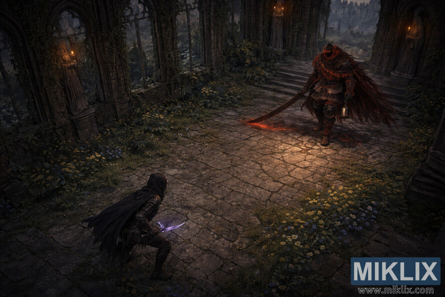 IzometrickÃ½ temnÃ½ fantasy pohÄ¾ad na PoÅ¡kvrnenÃ©ho v brnenÃ­ Äierneho noÅ¾a, ktorÃ½ ÄelÃ­ Å¾iariacemu ÄervenÃ©mu Lovcovi so Zvonom v zarastenom Kostole sÄ¾ubov.