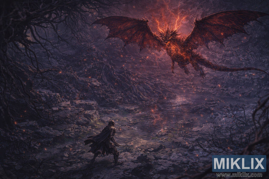 Izometrikus anime stÃ­lusÃº rajongÃ³i grafika, amelyen a Tarnished lÃ¡thatÃ³ egy hatalmas repÃ¼lÅ Lichdragon Fortissax alatt, bÃ­bor villÃ¡mok kÃ¶zepette a MÃ©lygyÃ¶kÃ©r MÃ©lysÃ©geiben.