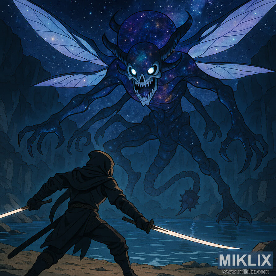 Un guerrier Black Knife de style anime maniant deux katanas face Ã  lâentitÃ© cosmique Astel dans une vaste caverne souterraine.