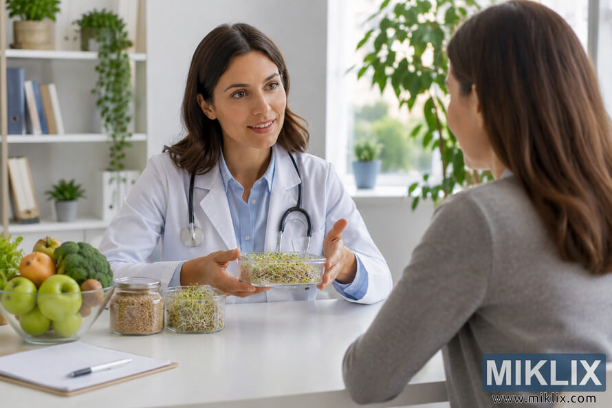 Female doctor discussing healthy dietary choices with a patient while presenting fresh alfalfa sprouts in a bright modern consultation room filled with natural light and fresh produce.