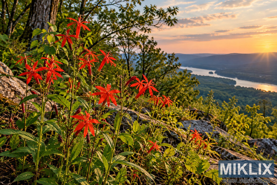 Red fire pink wildflowers on a rocky wooded slope overlooking a forested valley and winding water at sunset.