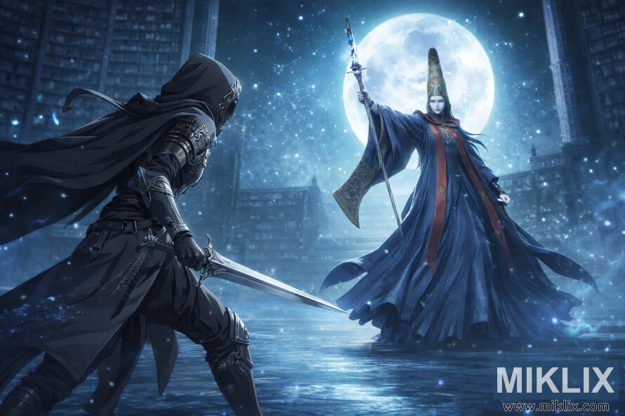 Fan art de style anime montrant le Sans-Ã©clat brandissant une Ã©pÃ©e et affrontant Rennala, Reine de la Pleine Lune, dans la bibliothÃ¨que Ã©clairÃ©e par la lune de lâAcadÃ©mie Raya Lucaria juste avant la bataille.