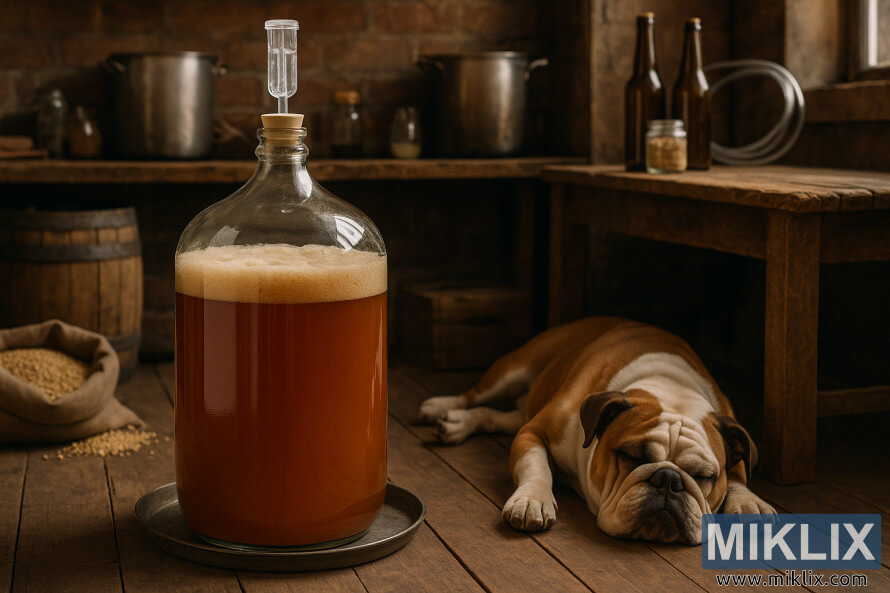 Carboy kaca saka fermentasi ale Amérika ing kamar homebrewing deso karo bulldog turu ing lantai. Carboy kaca saka fermentasi ale Amérika ing kamar homebrewing deso karo bulldog turu ing lantai.