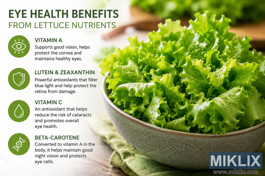 Infographic showing the eye health benefits of lettuce nutrients with a large bowl of fresh green lettuce on the right and educational text on the left describing vitamin A, lutein and zeaxanthin, vitamin C, and beta-carotene benefits for healthy vision and eye protection. Infographic showing the eye health benefits of lettuce nutrients with a large bowl of fresh green lettuce on the right and educational text on the left describing vitamin A, lutein and zeaxanthin, vitamin C, and beta-carotene benefits for healthy vision and eye protection.