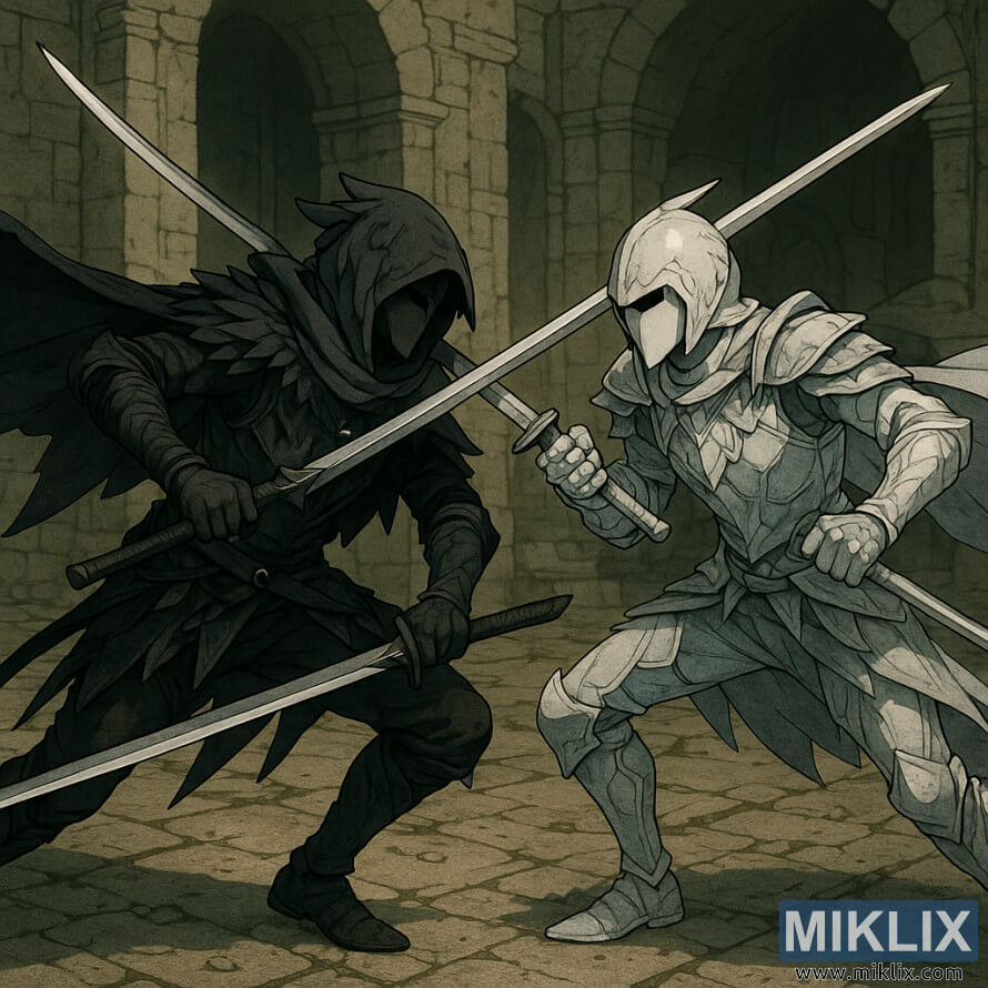 IlustraÃ§Ã£o ao estilo anime de um guerreiro com armadura Black Knife a lutar contra uma versÃ£o mimÃ©tica prateada de si prÃ³prio num antigo salÃ£o de pedra.