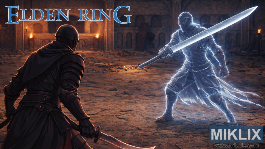 Fan art showing the Tarnished in Black Knife armor facing the spectral Rakshasa wielding a great katana inside the Eastern Nameless Mausoleum in Elden Ring.