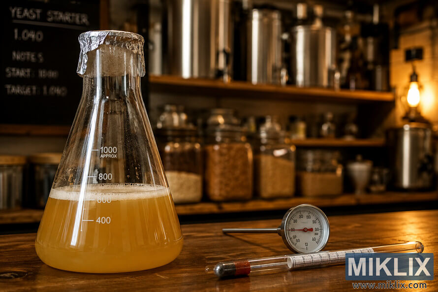 Close-up photograph of a glass flask containing a light golden yeast starter on a wooden countertop, accompanied by a thermometer and hydrometer, with softly blurred brewing ingredients and equipment illuminated by warm ambient lighting in the background. Close-up photograph of a glass flask containing a light golden yeast starter on a wooden countertop, accompanied by a thermometer and hydrometer, with softly blurred brewing ingredients and equipment illuminated by warm ambient lighting in the background.