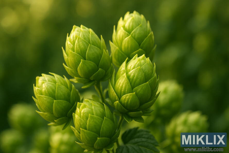 Close-up of fresh Hersbrucker hop cones glowing green with lupulin glands, set against a blurred hop field background.