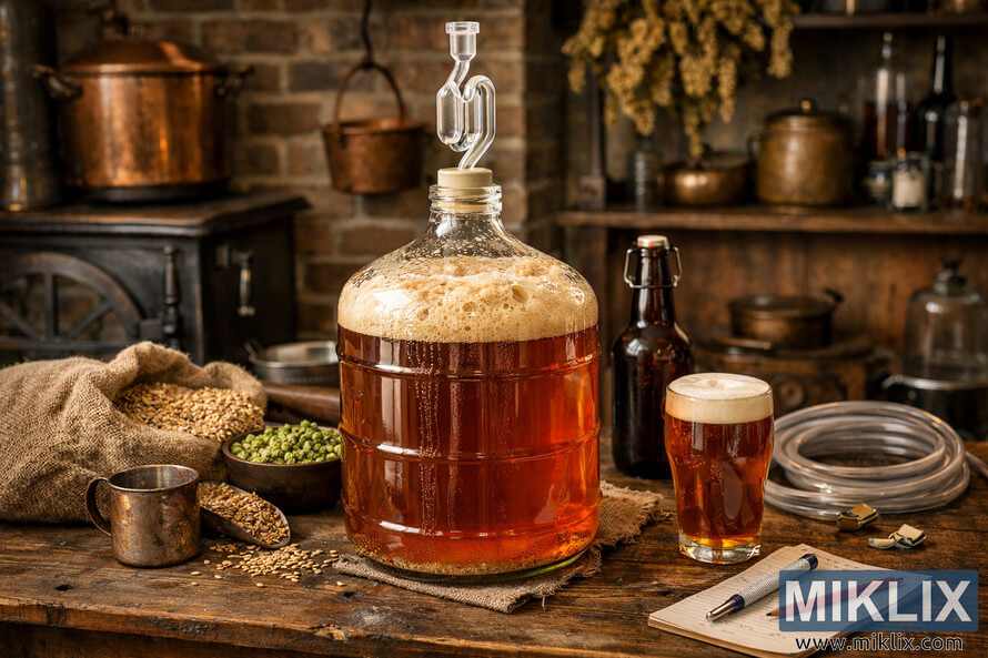 Glass carboy filled with fermenting English ale on a rustic wooden table, surrounded by barley, hops, brewing tools, and a warm brick fireplace backdrop.