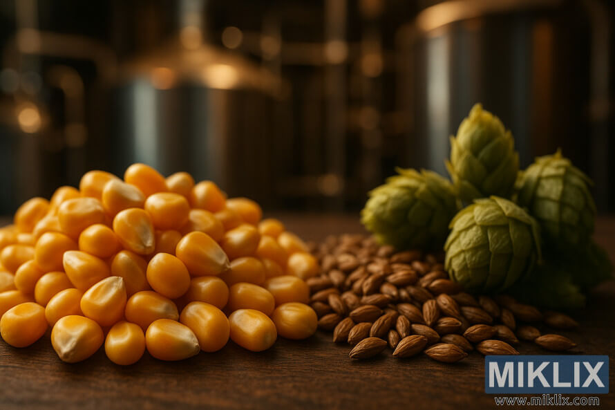 Närbild av gyllene majskorn med korn och humlekottar i varmt ljus. Närbild av gyllene majskorn med korn och humlekottar i varmt ljus.