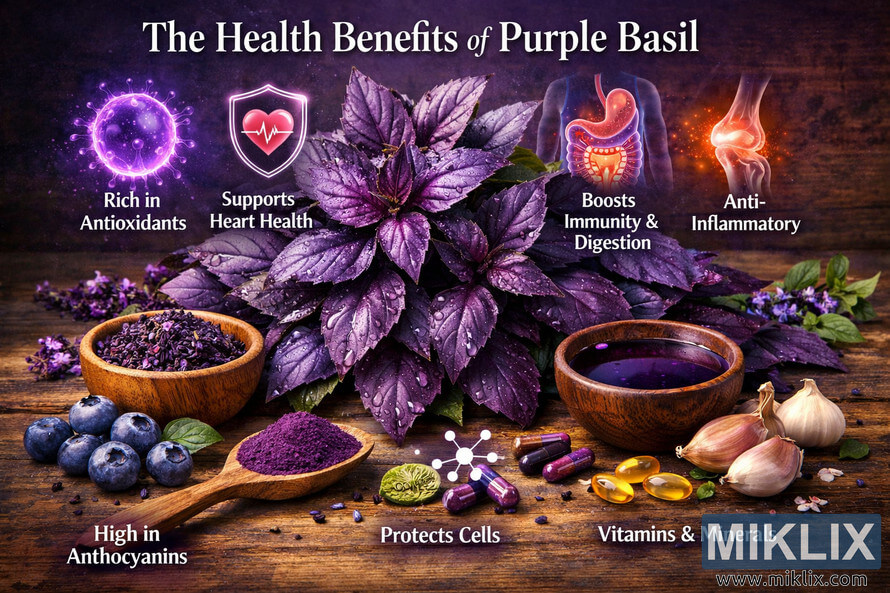 High-resolution landscape photo of fresh purple basil, blueberries, garlic, and supplements on rustic wood with overlaid icons and text explaining antioxidant, heart, immune, digestive, and anti-inflammatory health benefits of purple basil.
