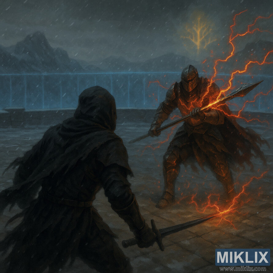 ååé¨å£«ã´ã¡ã¤ã¯ã¨åãåãå¾ãå§¿ã®ãã©ãã¯ãã¤ãæ¦å£«ãåãè¼ãã¨ã´ã¡ã¼ã¬ã«ã®çµçã®ä¸­ã§ä¸¡ææ§ããèµ¤é»è²ã®çä¹±ã®çã®ç¨²å¦»ãæ¾ã£ã¦ããã