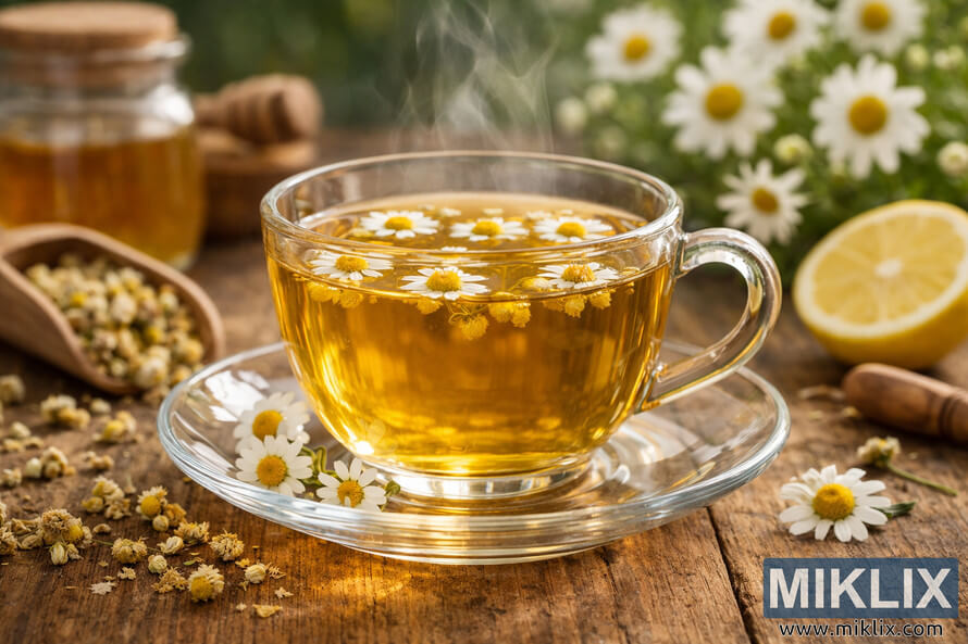 A clear glass cup of golden chamomile tea on a rustic wooden table with floating chamomile flowers, honey jar, lemon, and dried blossoms in soft natural light.