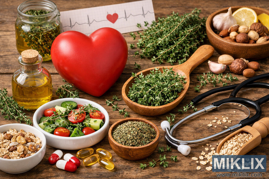 A rustic wooden table displays a red heart model surrounded by thyme sprigs, healthy foods, and medical items symbolizing heart health and natural wellness. A rustic wooden table displays a red heart model surrounded by thyme sprigs, healthy foods, and medical items symbolizing heart health and natural wellness.