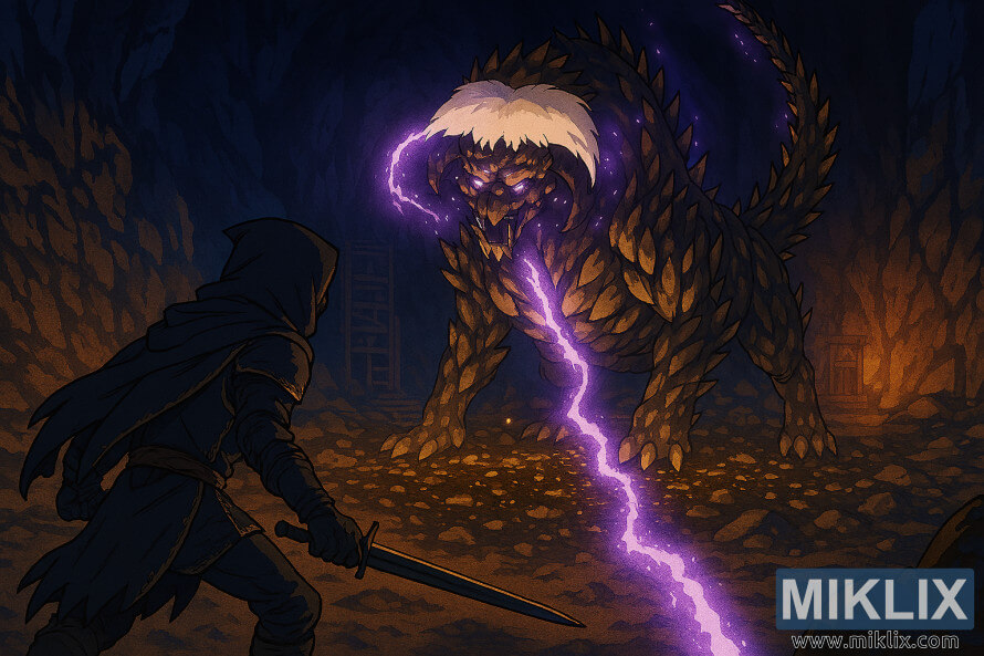 Anime-style image of the Tarnished fighting the Fallingstar Beast in a crystal-lit cave