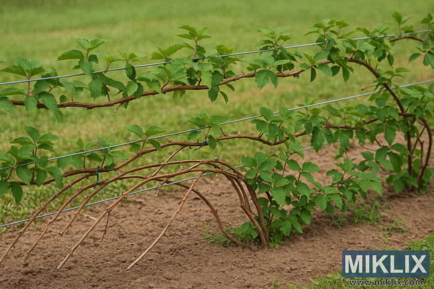 RangÃ©e de ronces rampantes soigneusement palissÃ©es le long de fils de treillis horizontaux dans un champ cultivÃ©.