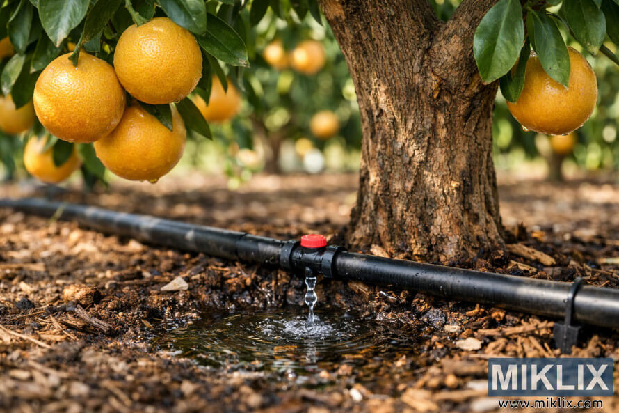 'n Drupbesproeiingstelsel wat 'n pomeloboom aan die basis natmaak, met ryp pomelo's wat aan takke in 'n sonverligte boord hang. 'n Drupbesproeiingstelsel wat 'n pomeloboom aan die basis natmaak, met ryp pomelo's wat aan takke in 'n sonverligte boord hang.