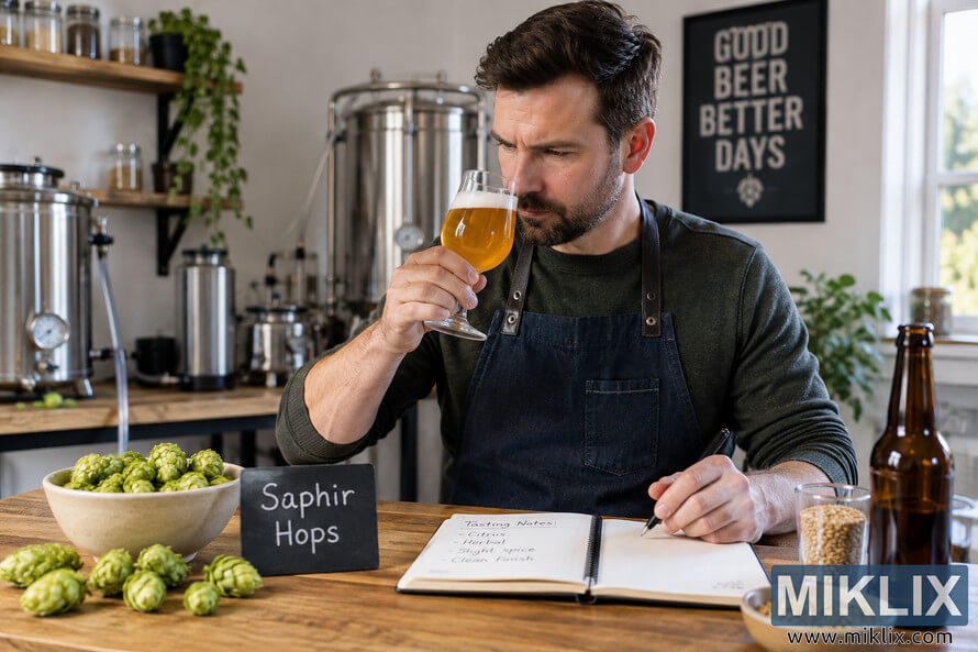Homebrewer in a bright home brewery smelling a glass of golden beer while taking tasting notes, with fresh Saphir hop cones, brewing grains, unbranded bottles, and stainless steel brewing equipment on and around a wooden workbench.