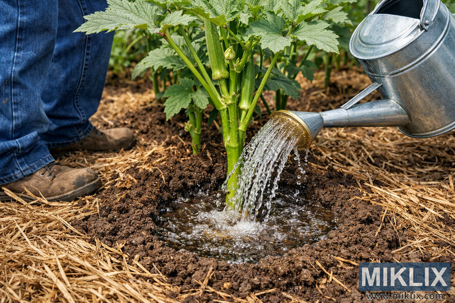 Gardener deeply watering the base of a healthy okra plant with a metal watering can in a mulched garden bed.