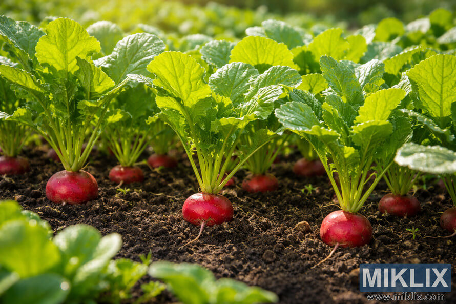 Healthy radish plants with bright green leaves and red bulbs partially visible above dark garden soil in warm morning sunlight.