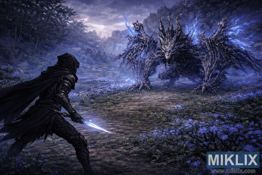 Weite Ansicht des in Schwarzmesser-RÃ¼stung gehÃ¼llten Befleckten, der einem gewaltigen Geisterflammen-Drachen an der Azurblauen KÃ¼ste vor dem Kampf gegenÃ¼bersteht.