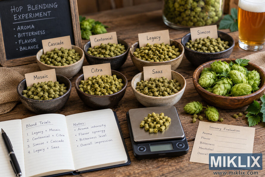 Landscape photo of a rustic hop-blending experiment with labeled bowls of Cascade, Centennial, Legacy, Simcoe, Mosaic, Citra, and Saaz hop pellets, fresh hop cones, a digital scale, notebook, sensory evaluation sheet, chalkboard, and an amber beer. Landscape photo of a rustic hop-blending experiment with labeled bowls of Cascade, Centennial, Legacy, Simcoe, Mosaic, Citra, and Saaz hop pellets, fresh hop cones, a digital scale, notebook, sensory evaluation sheet, chalkboard, and an amber beer.