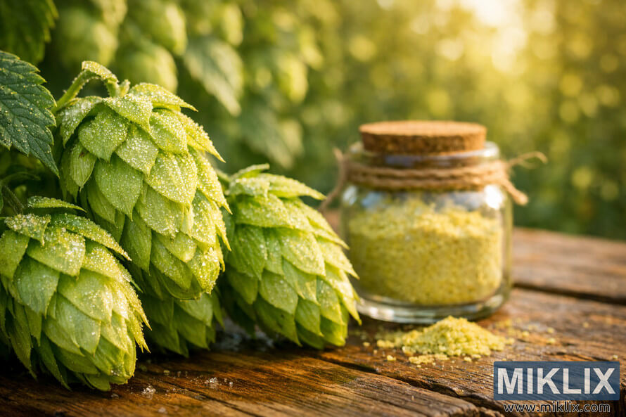 Close-up of vibrant green Wai-iti hop cones with glistening trichomes on a rustic wooden table, beside a small jar of pale yellow hop powder, set against a blurred sunlit hop garden.