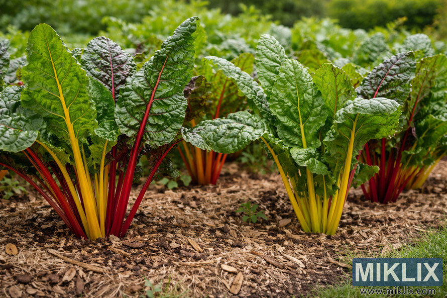 Colorful Swiss chard plants with red and yellow stems growing in a garden bed with a natural organic mulch layer of wood chips and dried leaves.
