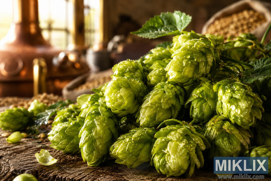 Close-up of vibrant Eastern Green hop cones covered with glistening dew and essential oils on a rustic wooden table, illuminated by warm diffused light with softly blurred copper brewing equipment and barley sacks in the background. Close-up of vibrant Eastern Green hop cones covered with glistening dew and essential oils on a rustic wooden table, illuminated by warm diffused light with softly blurred copper brewing equipment and barley sacks in the background.