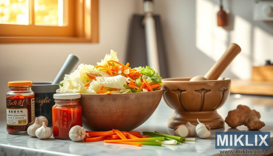 KÃ¶Ã¶gilett vÃ¤rskete kÃ¶Ã¶giviljade ja vÃ¼rtsidega, mis on valmistatud kimchi jaoks.