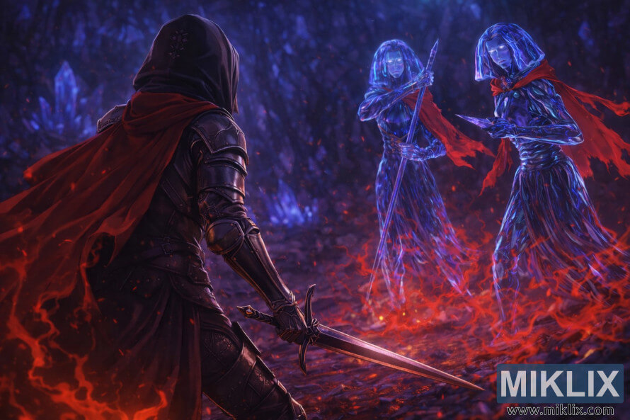 Anime-style fan art of the Tarnished in Black Knife armor seen from behind, holding a longsword while facing two crystalline Crystalian bosses amid glowing red energy in the Academy Crystal Cave.