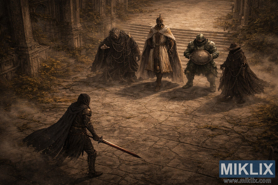 Isometric dark fantasy scene showing the Tarnished with a sword facing four larger enemiesâLeda, Hornsent, Moore, and Dryleaf Daneâin the ruins of Enir-Ilim.