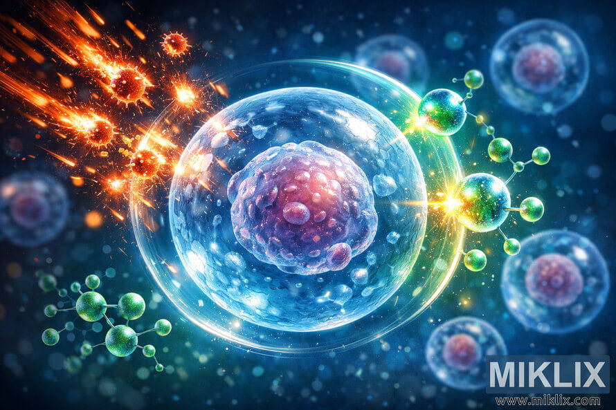 Digital illustration showing antioxidants protecting a glowing cell from attacking free radicals, with blue and green light shields deflecting fiery orange particles. Digital illustration showing antioxidants protecting a glowing cell from attacking free radicals, with blue and green light shields deflecting fiery orange particles.