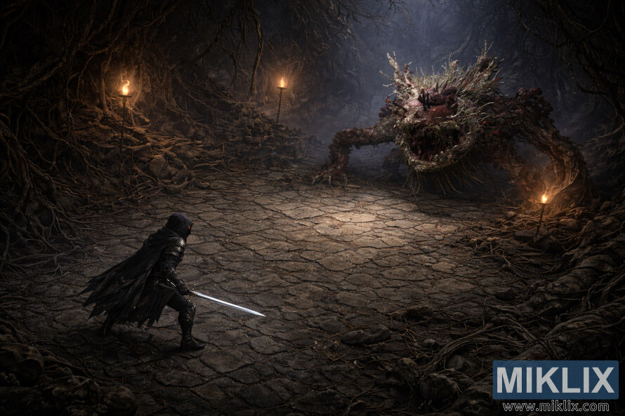 Isometric dark fantasy view of the Tarnished with sword drawn facing the Ulcerated Tree Spirit in Fringefolk Hero's Grave, seen from above in a torchlit cavern.