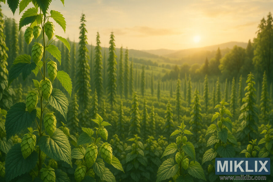 Ladang hop yang subur dengan berbagai varietas hop di latar depan, bersinar dalam sinar matahari keemasan dengan bukit-bukit dan hutan di kejauhan.