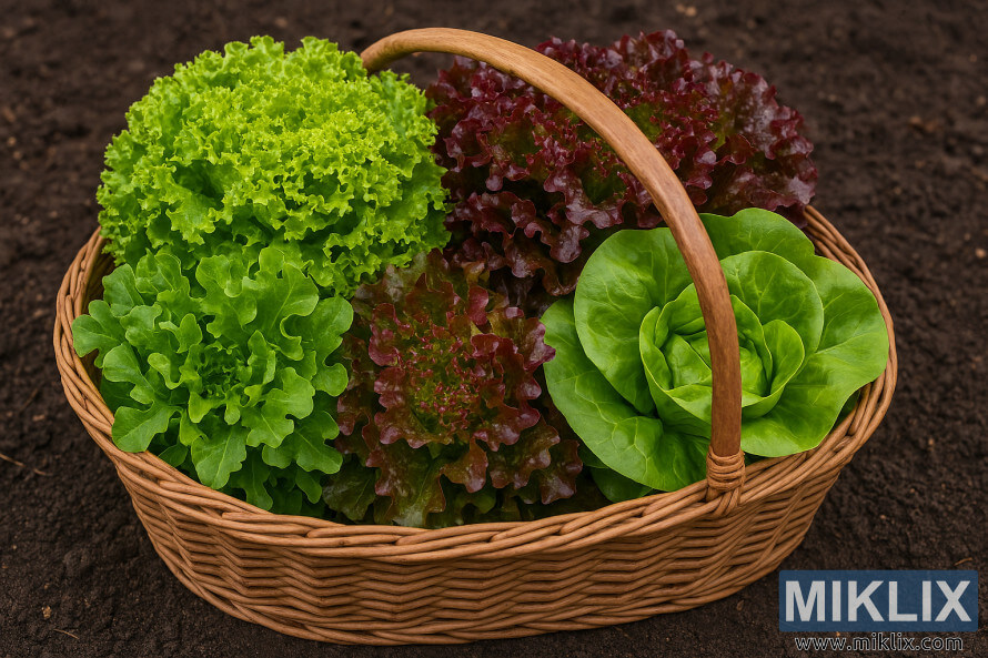 Wicker basket filled with four varieties of freshly harvested lettuce on dark soil