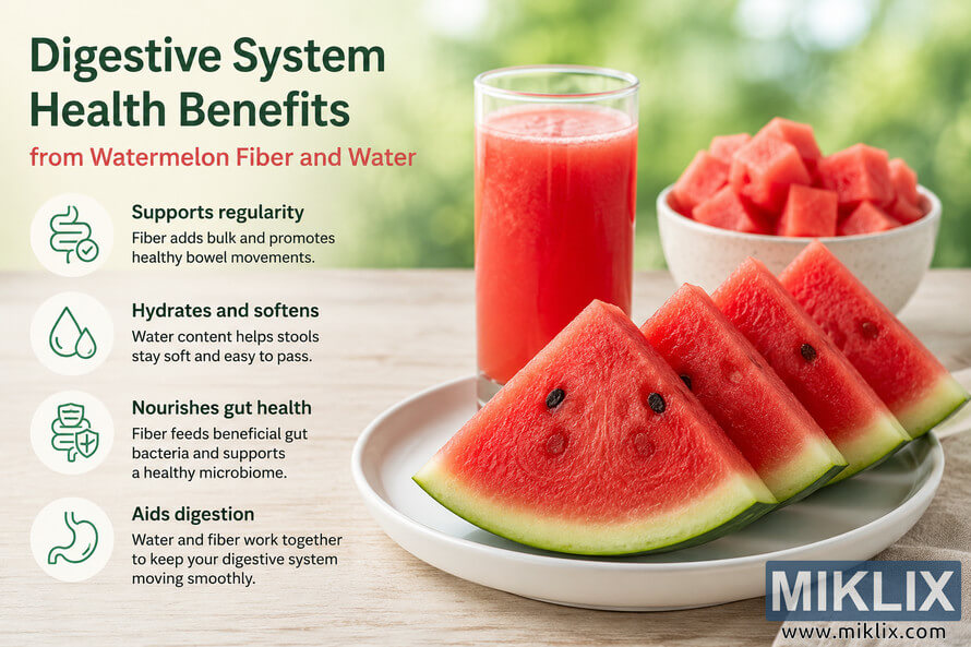 Educational infographic-style image about digestive system health benefits from watermelon fiber and water. The left side contains icons and text describing digestive wellness, hydration, gut health, and regularity, while the right side shows fresh watermelon slices on a white plate, a glass of watermelon juice, and a bowl of watermelon cubes on a light wooden table with a softly blurred green background. Educational infographic-style image about digestive system health benefits from watermelon fiber and water. The left side contains icons and text describing digestive wellness, hydration, gut health, and regularity, while the right side shows fresh watermelon slices on a white plate, a glass of watermelon juice, and a bowl of watermelon cubes on a light wooden table with a softly blurred green background.