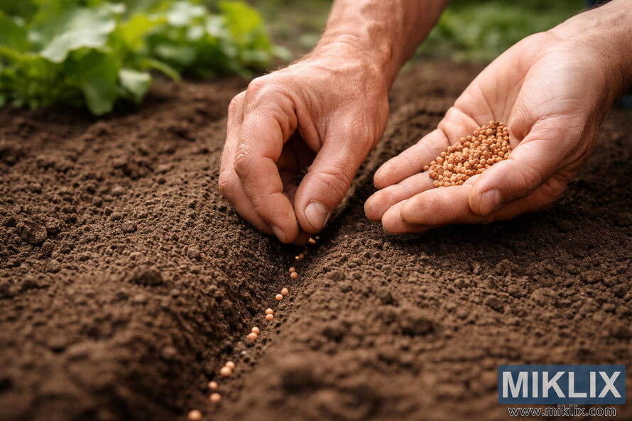 Close-up of hands carefully planting radish seeds into a neat furrow in freshly prepared garden soil.