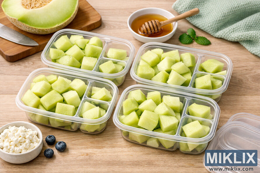 Four clear meal prep containers filled with neatly cut honeydew melon cubes on a wooden surface, surrounded by a sliced melon, honey dish, mint leaves, cottage cheese, and blueberries. Four clear meal prep containers filled with neatly cut honeydew melon cubes on a wooden surface, surrounded by a sliced melon, honey dish, mint leaves, cottage cheese, and blueberries.