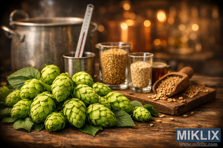 A detailed photograph of vibrant green Mathon hops on a rustic wooden table surrounded by brewing equipment, grains, and warm amber lighting in a cozy brewery background. A detailed photograph of vibrant green Mathon hops on a rustic wooden table surrounded by brewing equipment, grains, and warm amber lighting in a cozy brewery background.
