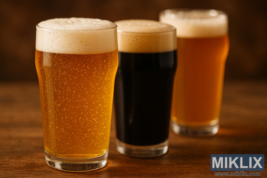 Drie pintglase pale ale, stout en IPA op 'n rustieke houtoppervlak.