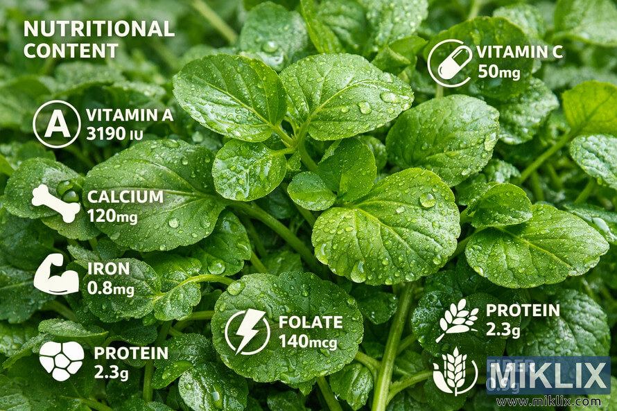 Close-up of fresh green watercress leaves with overlaid icons showing key nutrients like vitamin A, vitamin C, calcium, iron, folate, protein, and fiber.