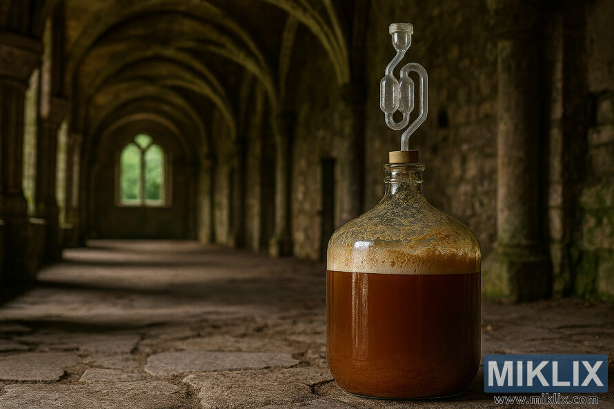 Carboy gilashin ÆaÆÆarfan ale na Beljiyam yana haifuwa tare da makullin jirgin sama mai siffar S a cikin wani babban dutse mai tsattsauran ra'ayi.