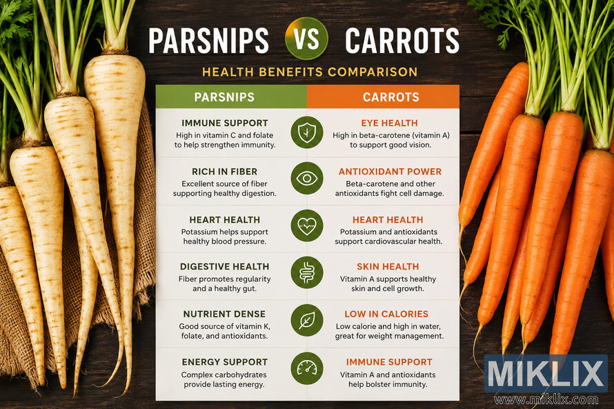 Landscape infographic comparing parsnips and carrots with fresh vegetables displayed on either side of a central chart outlining nutritional characteristics and health benefits, including fiber, vitamins, antioxidants, heart health, digestion, immunity, eye health, skin health, and energy support. Landscape infographic comparing parsnips and carrots with fresh vegetables displayed on either side of a central chart outlining nutritional characteristics and health benefits, including fiber, vitamins, antioxidants, heart health, digestion, immunity, eye health, skin health, and energy support.