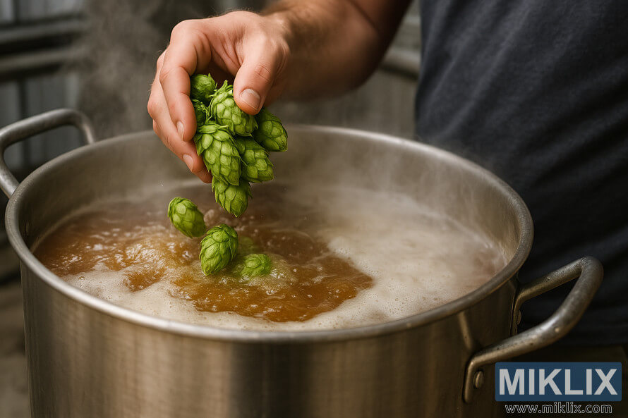 Cervejeiro caseiro colocando cones de lÃºpulo verde fresco em uma chaleira fumegante de mosto fervente.