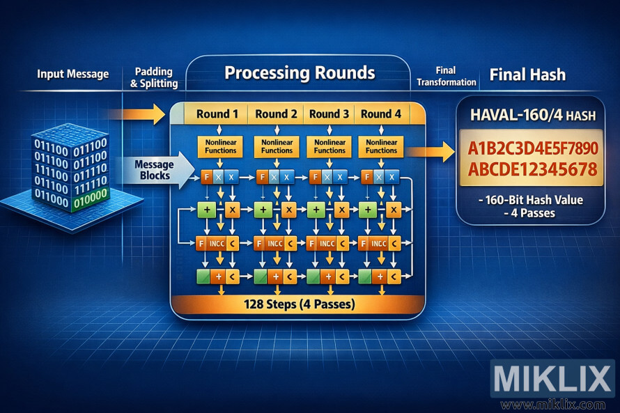 Landscape infographic of the HAVAL-160/4 hash algorithm showing input message padding and splitting, four processing passes, and a 160-bit final hash; labeled 128 steps (4 passes).