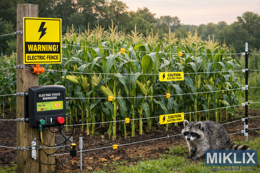 Electric fence installation around a corn garden with warning signs, energizer unit, and a raccoon outside the barrier.
